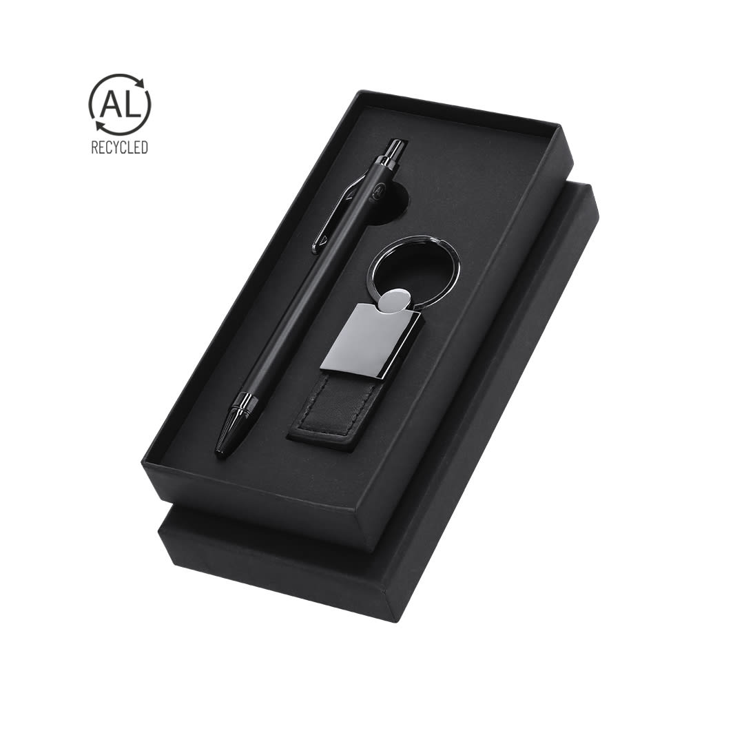 A black metal pen and keyring set in a sleek black presentation box. The box includes a logo. Tobyan Set - Image 1