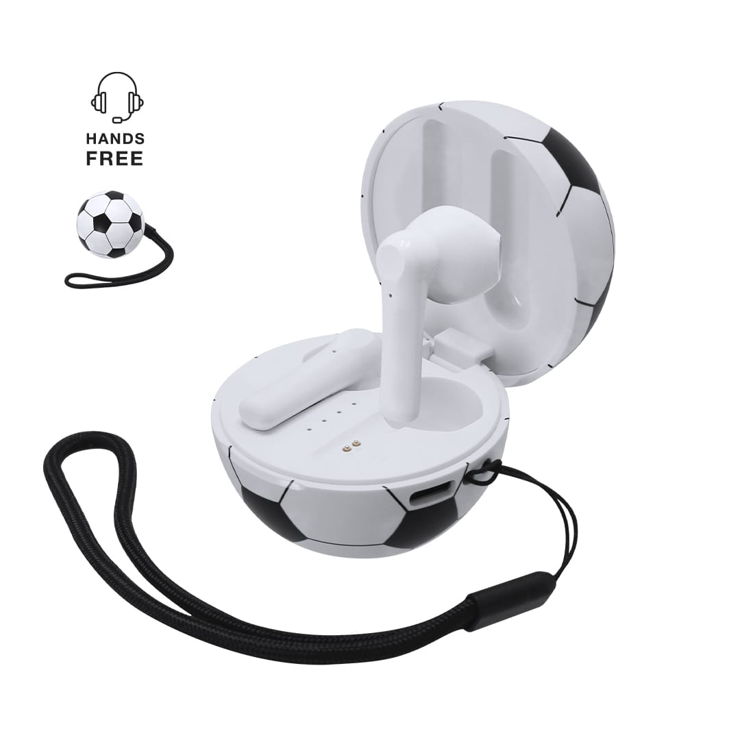 A pair of white earphones in a soccer ball design case with a removable black strap. Kasyus Earphones - Image 1