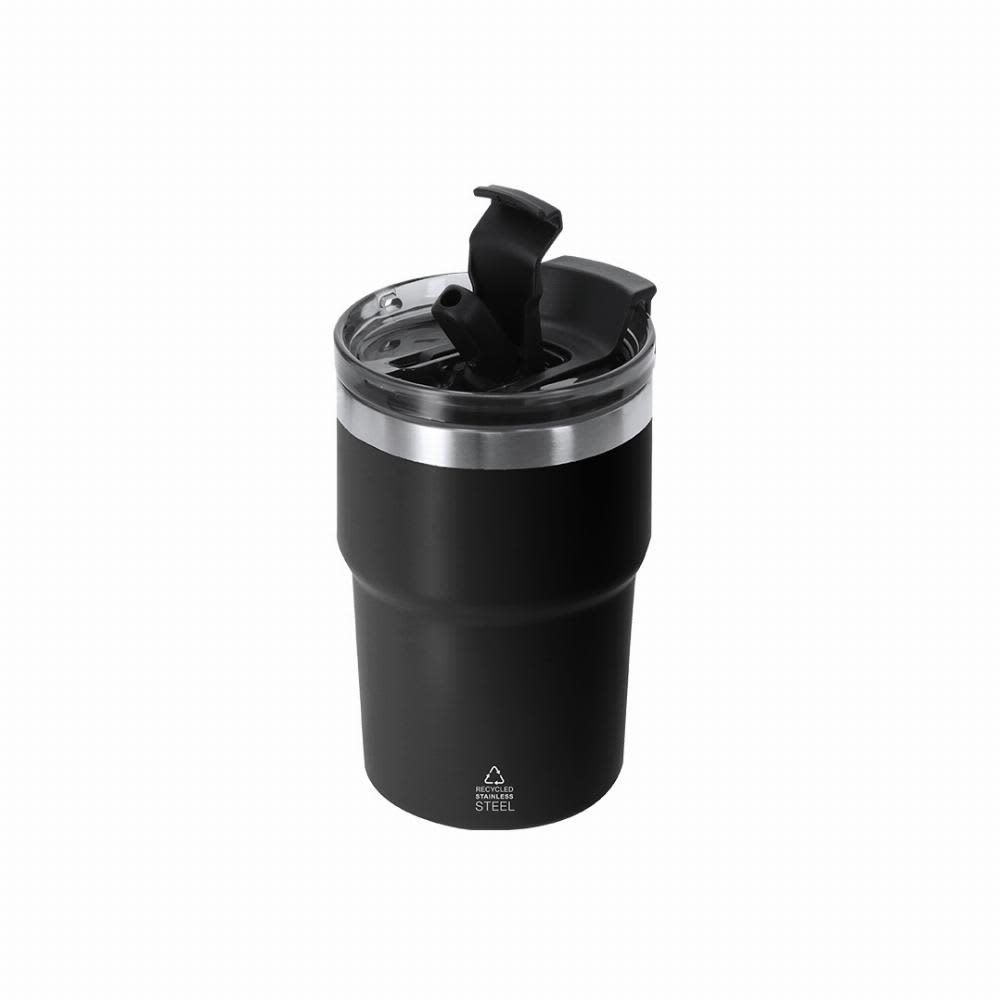 A drink bottle in matte black with a silver band and a flip-top lid, made from recycled stainless steel. Laplux - Image 1