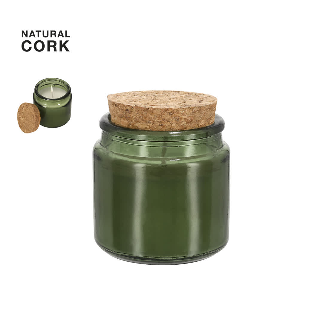 A green aromatic candle in a glass jar with a natural cork lid. The jar has a sleek, modern design. Fermix Aromatic Candle - Image 1