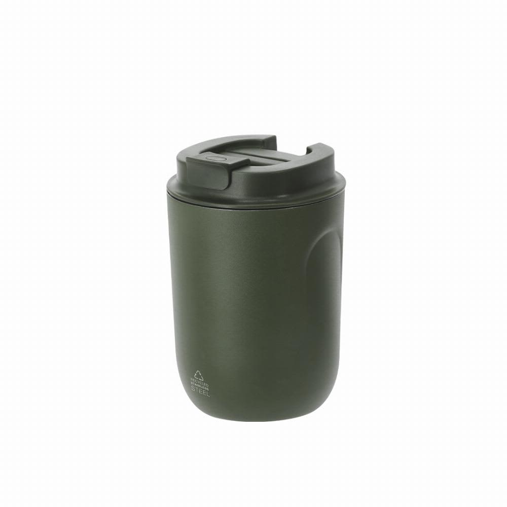 A drink bottle in olive green with a secure lid and a sleek design. It features a branding logo. Funcol - Image 1