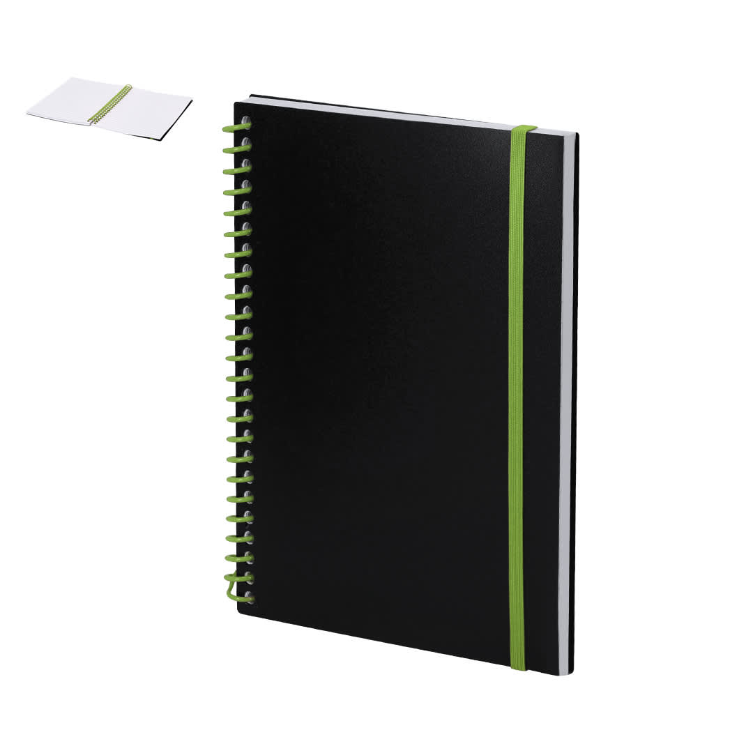 A black spiral-bound notebook with a green elastic band and green coils. It includes a secondary image of an open notebook. Bilbo Notebook - Image 1