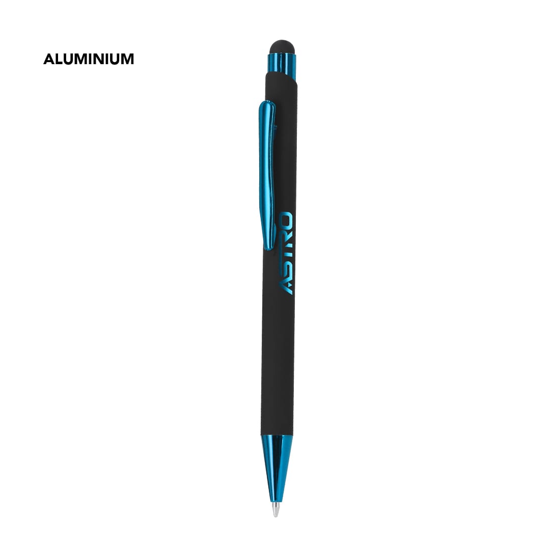 A blue and black aluminium stylus touch ballpoint pen with a clip and branding. Pilgrim Stylus Touch Ball Pen - Image 1