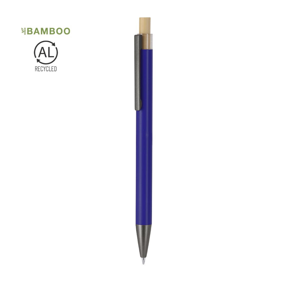 A blue metal pen with a bamboo top and a clip, featuring a logo. Recycled materials indicated. Rowan Pen - Image 1