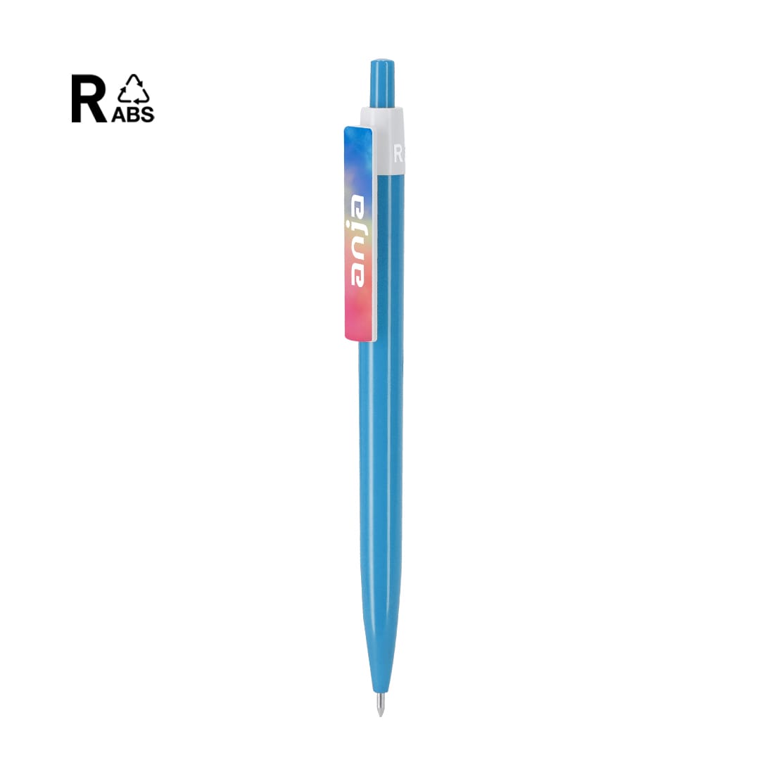 A blue plastic pen with a clip, featuring a logo on the side. Varkin Pen - Image 1