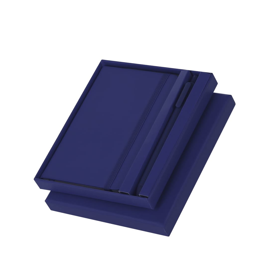 A navy blue notebook set with a matching pen, packaged in a stylish box. Garrick Set - Image 1