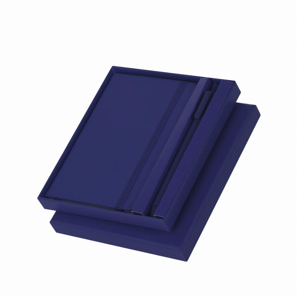 A notebook and pen set in a deep navy blue, presented in a matching box with a branding logo. Garrick - Image 1