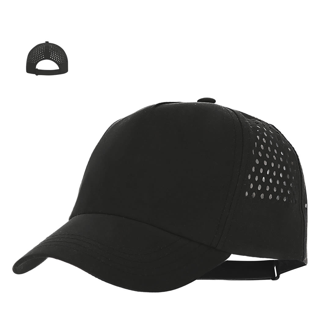 A black cap featuring mesh detailing on the sides and an adjustable strap at the back. It includes a logo. Ithaca Cap - Image 1