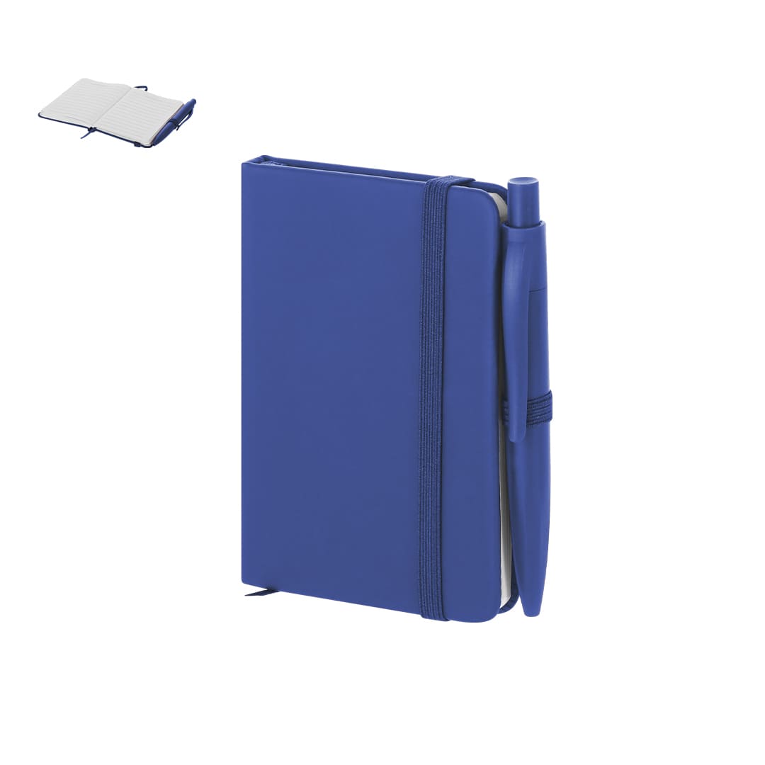 A blue notepad with a matching pen, featuring an elastic closure and a logo on the cover. Glaze Notepad - Image 1