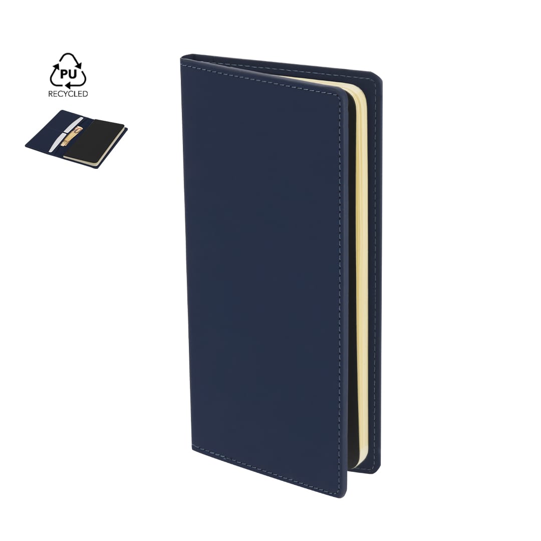 A navy blue notepad with a stitched cover and recycled materials, featuring an inner elastic band for closure. Glimmer Notepad - Image 1