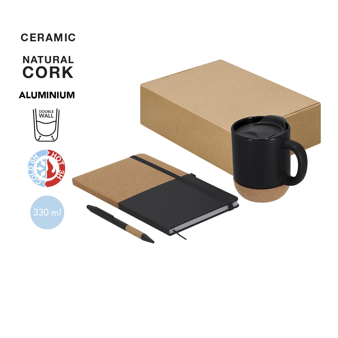 A black mug with a cork base, a cork-covered notebook, and a black pen, all presented in a brown box. Forar Set - Image 1