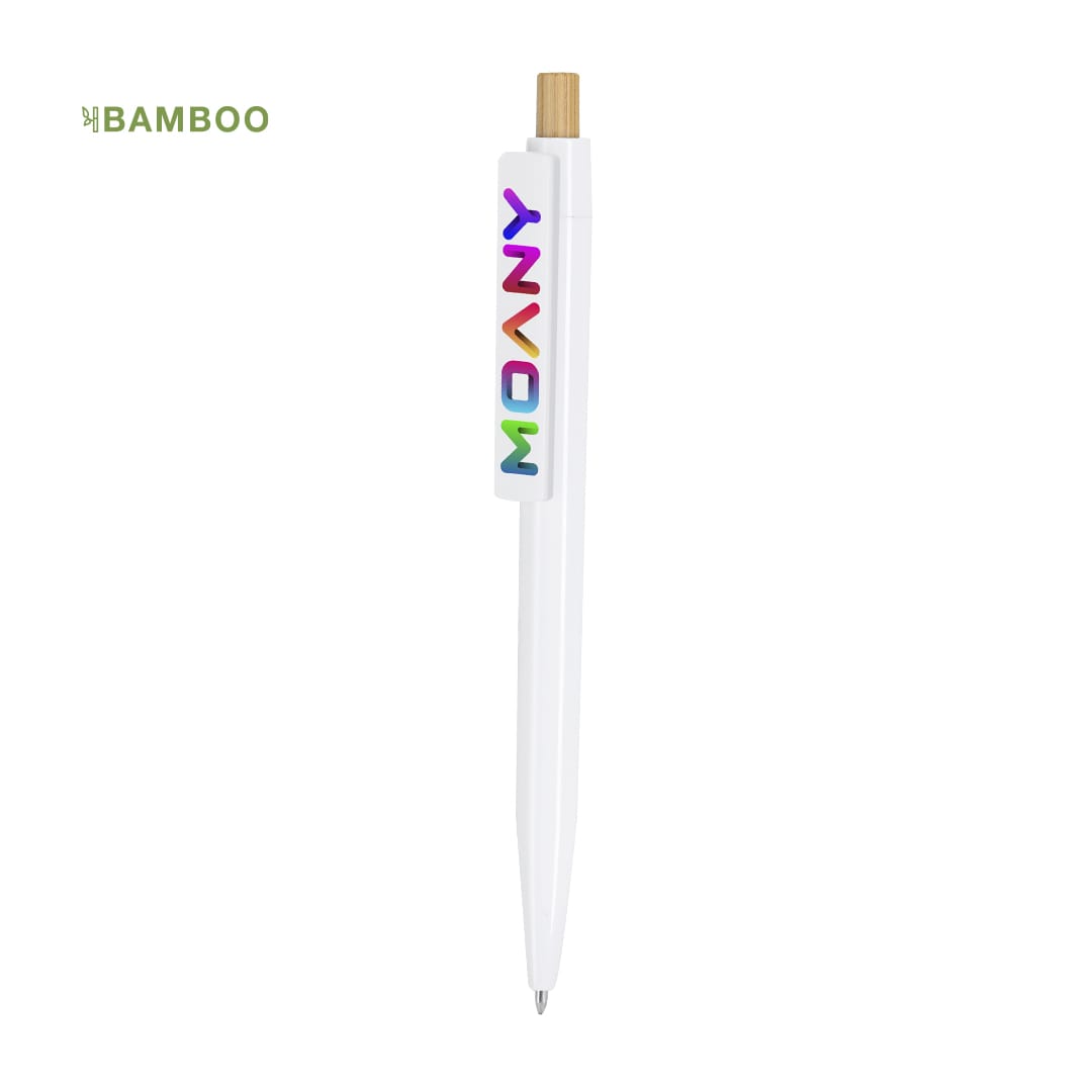 A bamboo pen with a white body and a wooden top, featuring colourful branding. Icarus Pen - Image 1