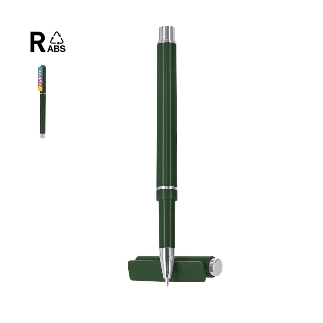 A green Osmond Roller pen with a silver clip and a base. The image includes a logo in the corner. Osmond Roller - Image 1