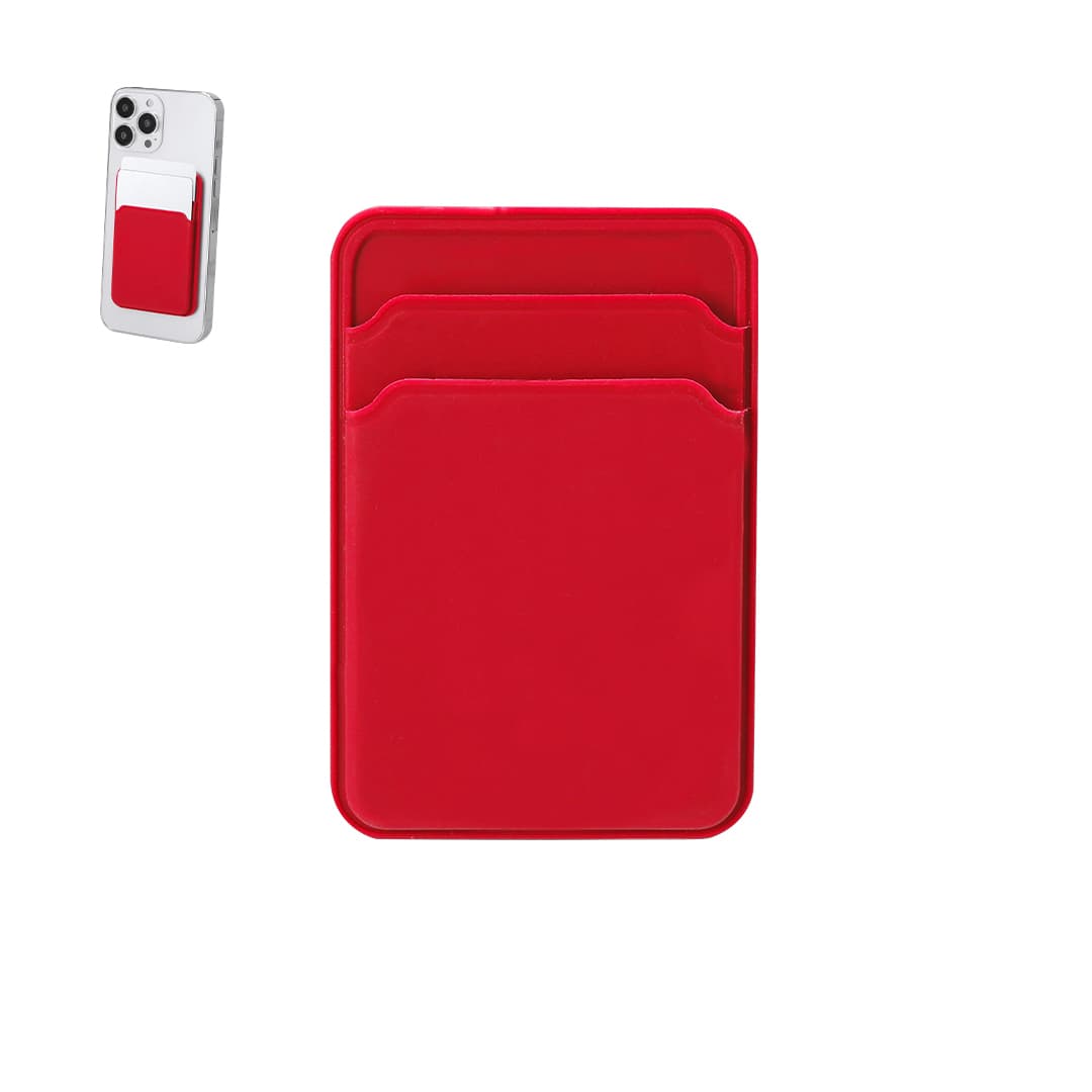 A red phone wallet with two card slots, displayed next to a phone with a matching holder. Features a logo. Ristol Card Holder - Image 1