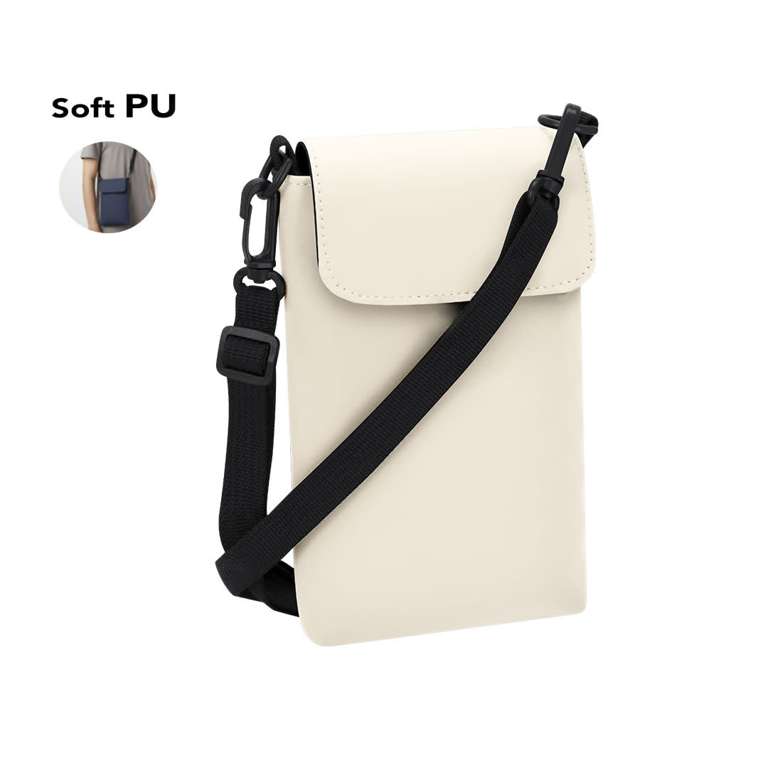 A soft PU multipurpose bag in cream colour with a black strap and a buckle closure. Features a logo. Kryan Multipurpose Bag - Image 1
