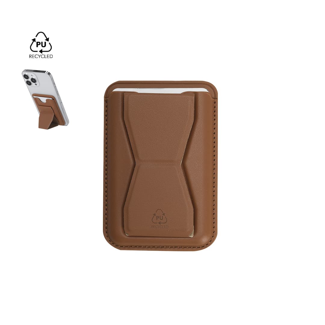 A brown PU leather card holder stand with a phone inserted, featuring a logo at the top. Stellar Card Holder Stand - Image 1
