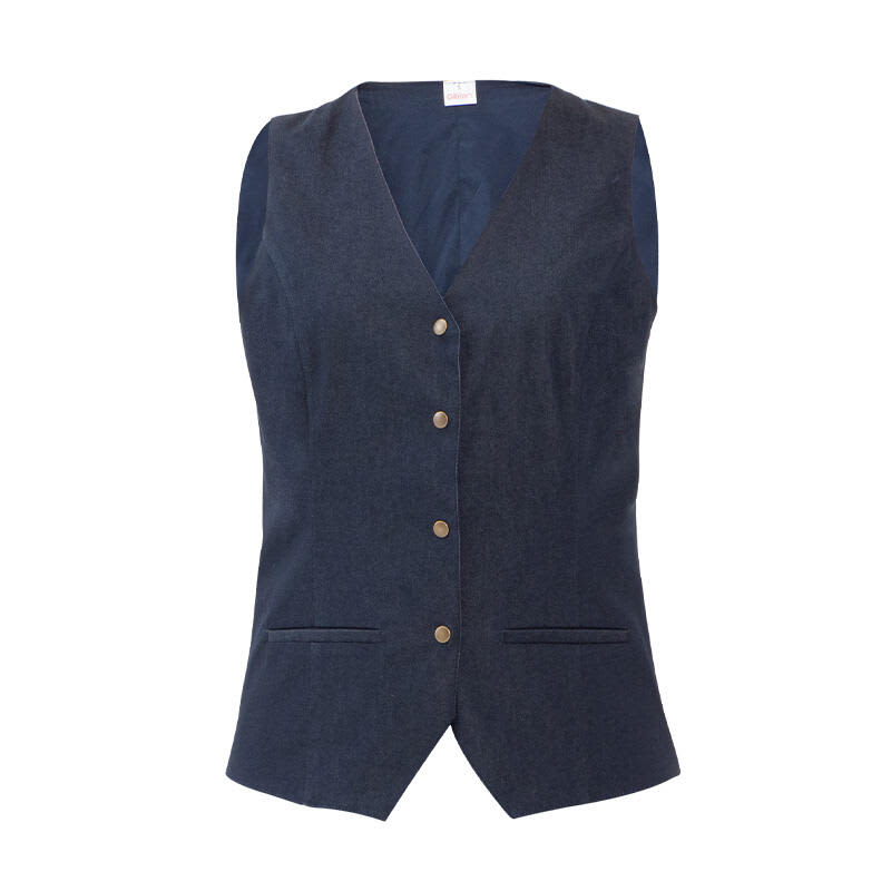 A navy blue vest featuring a button front and two front pockets, with a sleek and tailored design. Cora Vest - Image 1