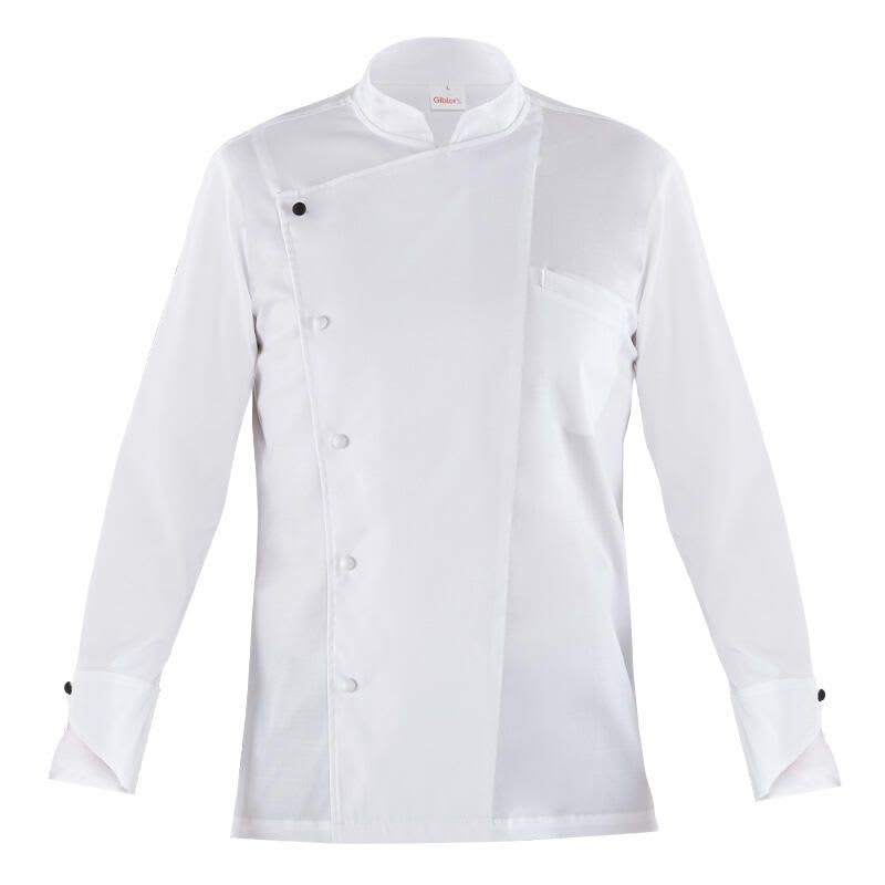 A white chef jacket featuring a double-breasted design and a single breast pocket, with black buttons. Riccardo Executive Jacket - Image 1