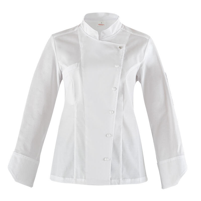 A white chef jacket with long sleeves, featuring a collar and button detailing, and a branding logo. Sofia Executive Jacket - Image 1