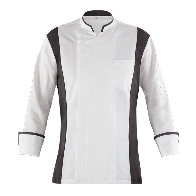 A chef jacket in white with black accents and a single pocket on the front. Features long sleeves and a collar. Alec Jacket - Image 1