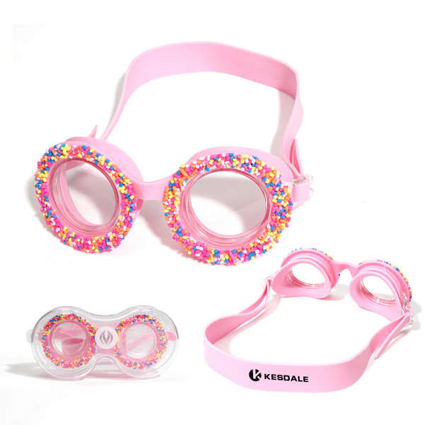 A pair of pink kids swim goggles adorned with colourful decorations, featuring a transparent case and a logo. Kids Anti Fog Swim Goggles - Image 1