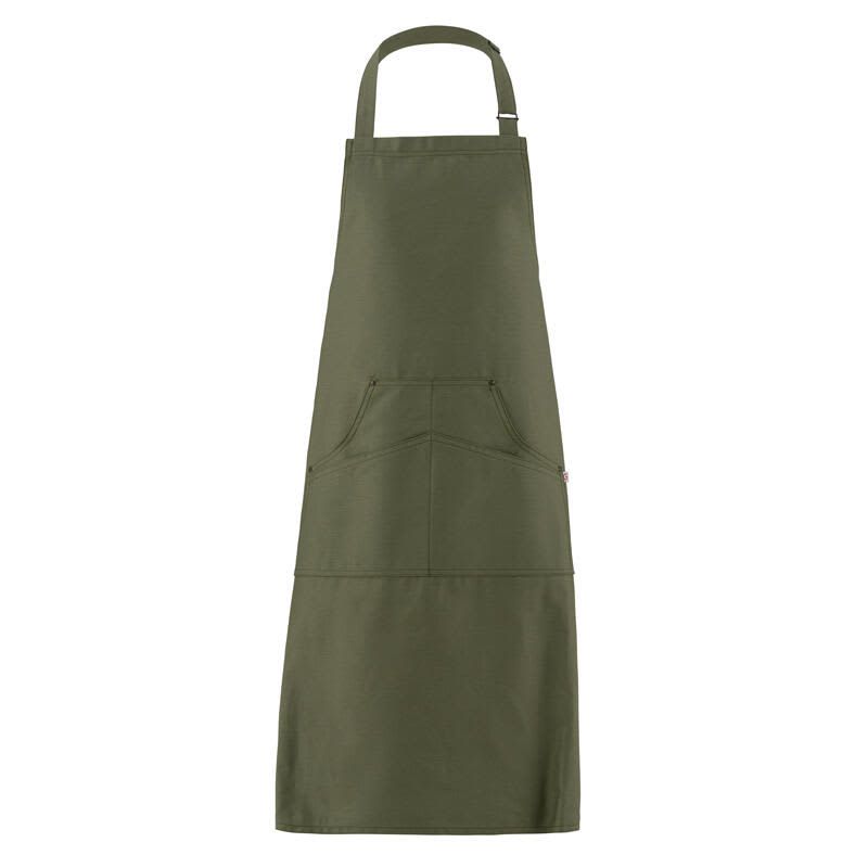 An olive green apron with a pocket at the front and a loop for hanging. It features a brand logo. Chicago Apron - Image 1