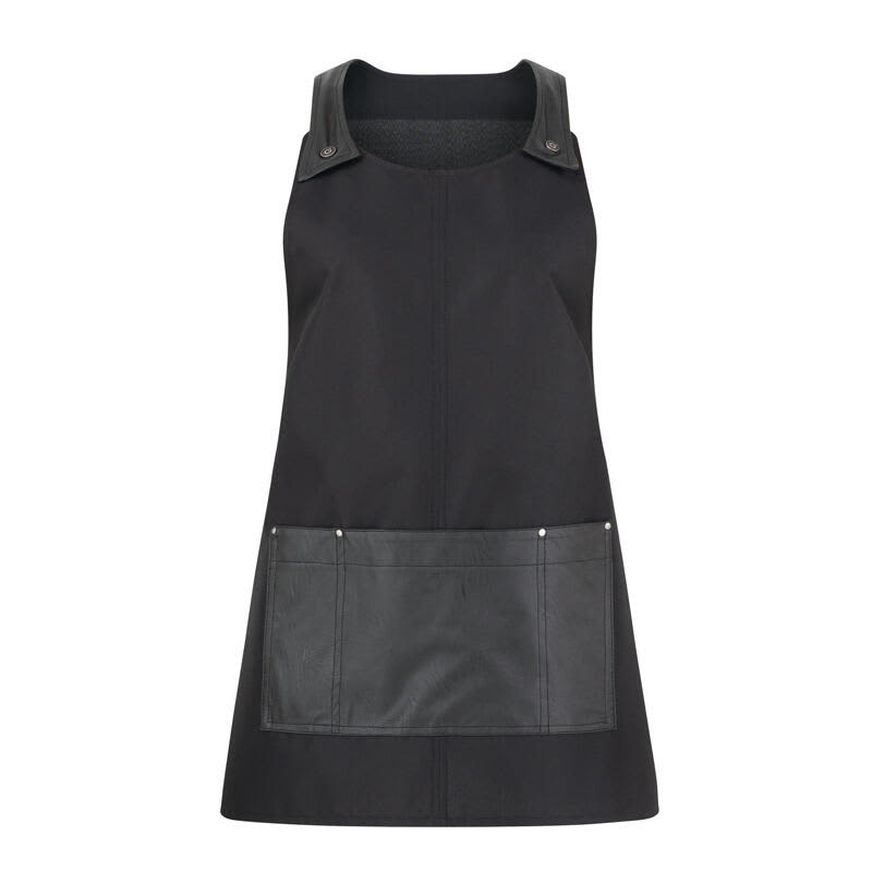 A black apron with leather straps and a front pocket, featuring a sleek design and minimalist style. Serena Pinafore - Image 1