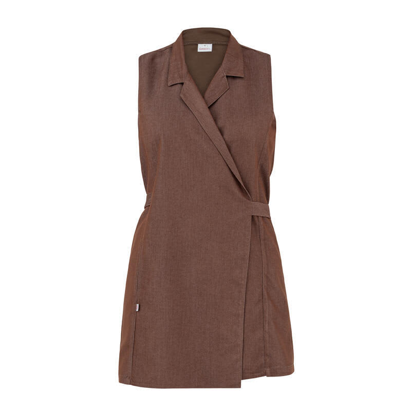 A sleeveless brown pinafore dress with a wrap design and a tie waist. It features a branding logo. Allegra Pinafore Dress - Image 1