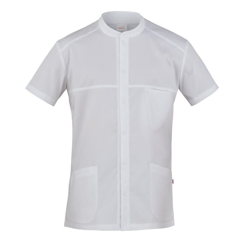 A short-sleeved, white tunic with a round collar and multiple pockets, featuring a logo on the chest. Marco Tunic - Image 1