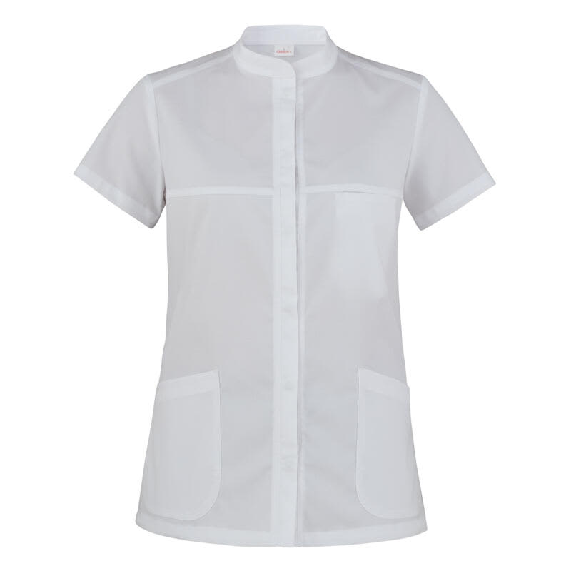 A white tunic featuring short sleeves, a front closure, and two pockets. It has a brand logo on the label. Miriam Tunic - Image 1