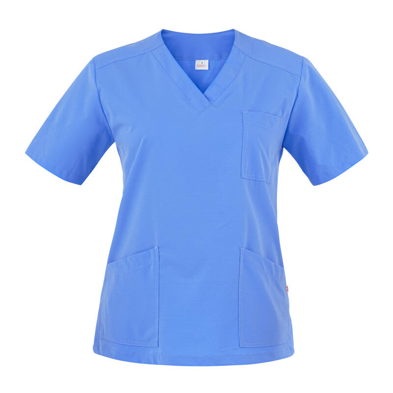 A blue Sonia tunic featuring short sleeves, a v-neck, and multiple pockets. It has a logo on the label. Sonia Tunic - Image 1