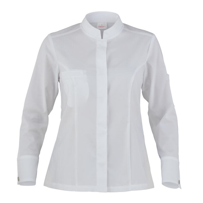 A white jacket with long sleeves, a mandarin collar, and a front pocket, featuring a logo on the sleeve. Ludovica Jacket - Image 1