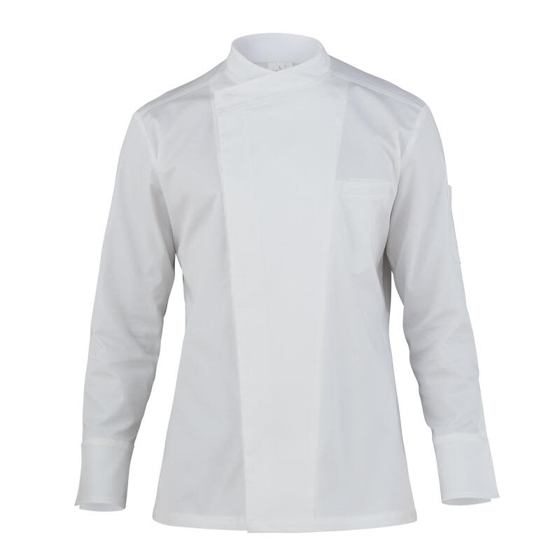 A white chef jacket featuring long sleeves, a mandarin collar, and a chest pocket. It includes a branding logo. Nile Jacket - Image 1
