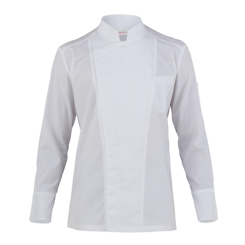 A white chef jacket featuring long sleeves and a mandarin collar, with a pocket on the front. Darcy Jacket - Image 1