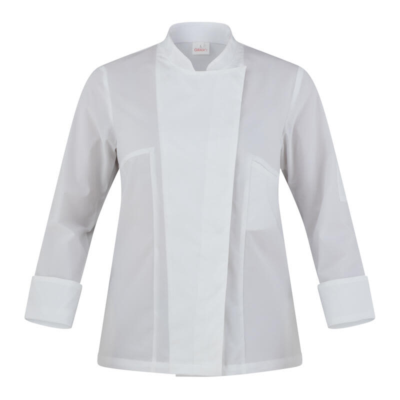 A white chef jacket with a mandarin collar and long sleeves featuring rolled cuffs. The jacket has a branding logo. Gloria Jacket - Image 1