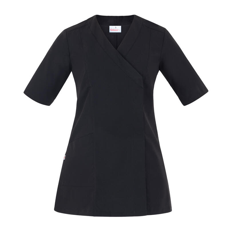 A black Gaia Tunic with short sleeves and a wrap design, featuring a logo on the fabric. Gaia Tunic - Image 1