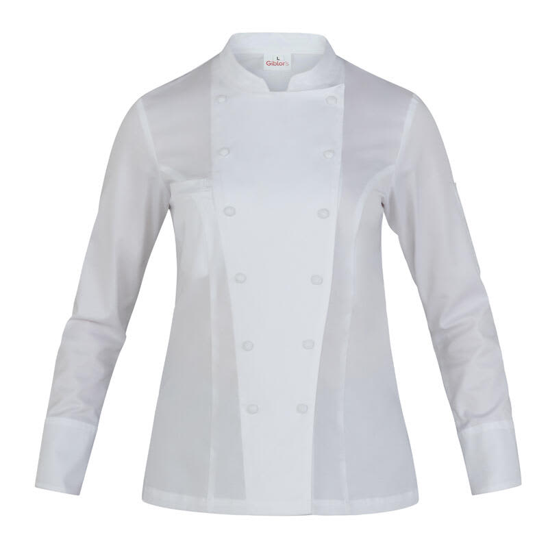 A white chef jacket with long sleeves and a front button closure. It features a logo on the chest area. Aura Chef Jacket - Image 1