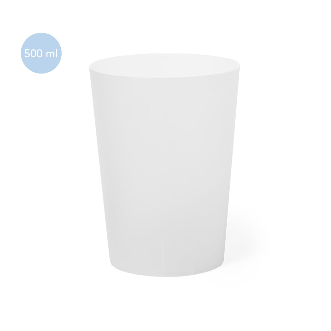 A white plastic cup with a capacity of 500 ml and a simple design. It features a logo. Nirmal Cup - Image 1