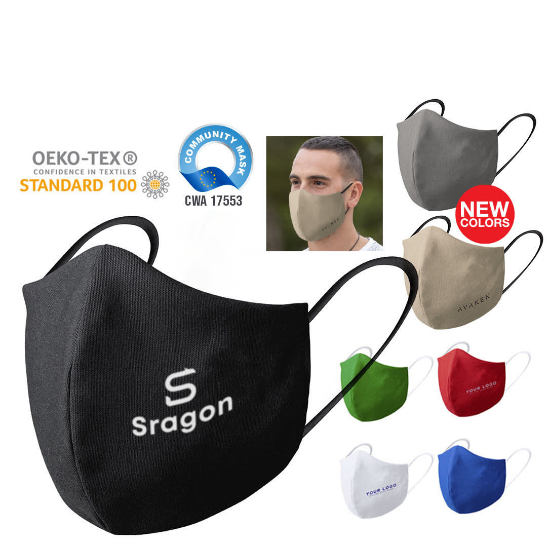 A reusable hygienic mask in various colours, including black, grey, red, green, and blue, featuring a logo. Liriax Reusable Hygienic Mask - Image 1