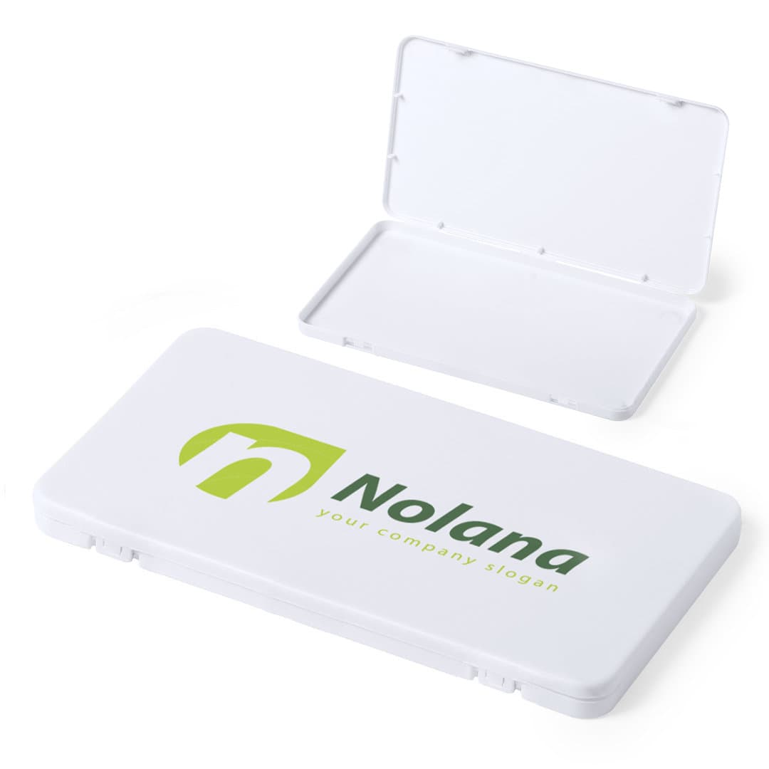 A white promotional container with a green logo, featuring a hinged lid and spacious interior for storage. Kloe Multipurpose Bag - Image 1