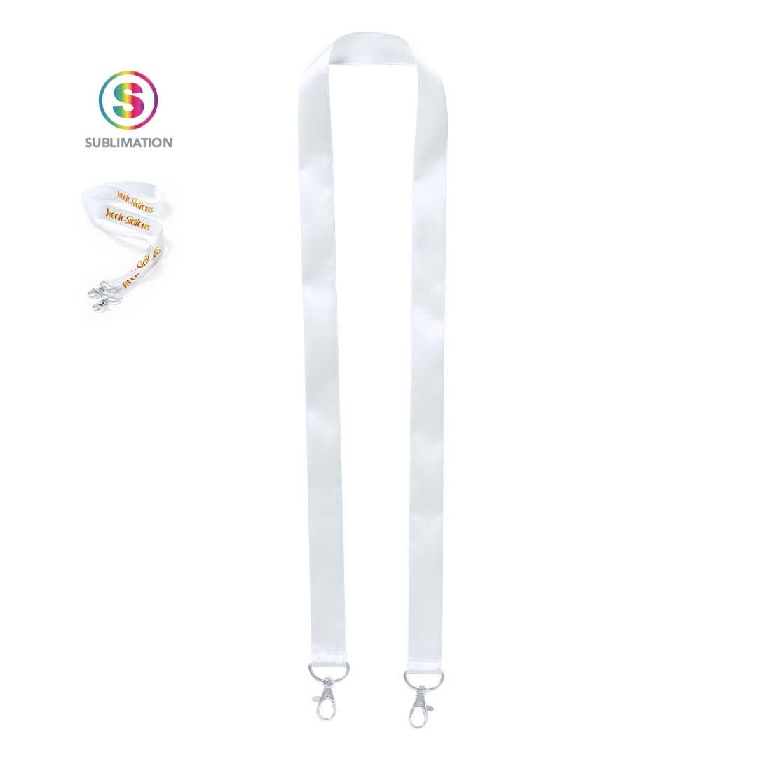 A white sublimation lanyard with silver clips and a branding logo, featuring a smooth satin finish. Lerop Sublimation Lanyard - Image 1