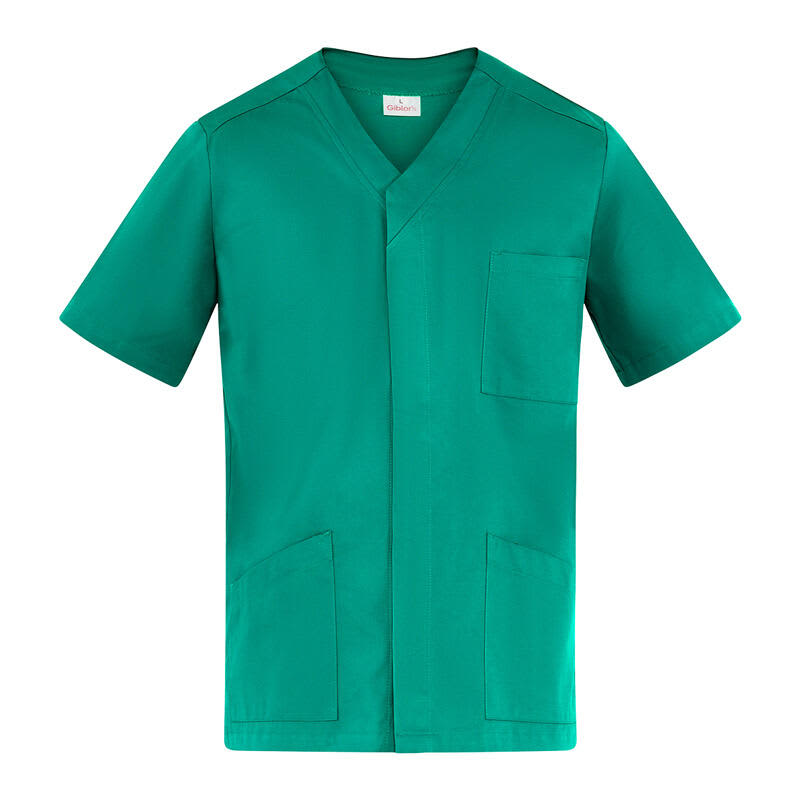 A green tunic with a v-neck, short sleeves, and pockets. Features a logo on the front. Franco Tunic - Image 1