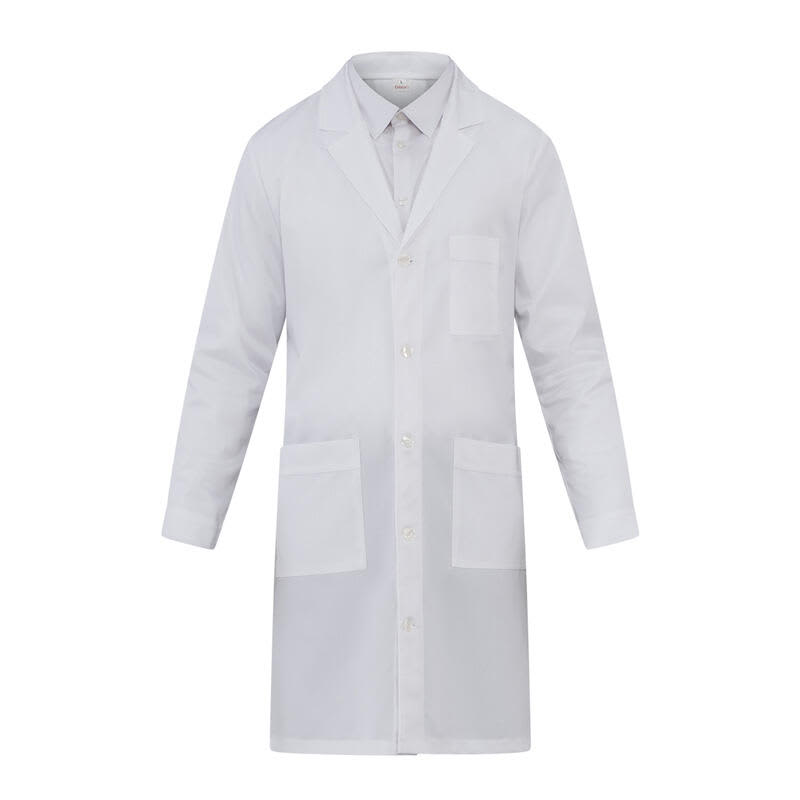 A white lab coat featuring a collar, long sleeves, and multiple pockets. It has a branded logo on it. Giacomo Lab Coat - Image 1