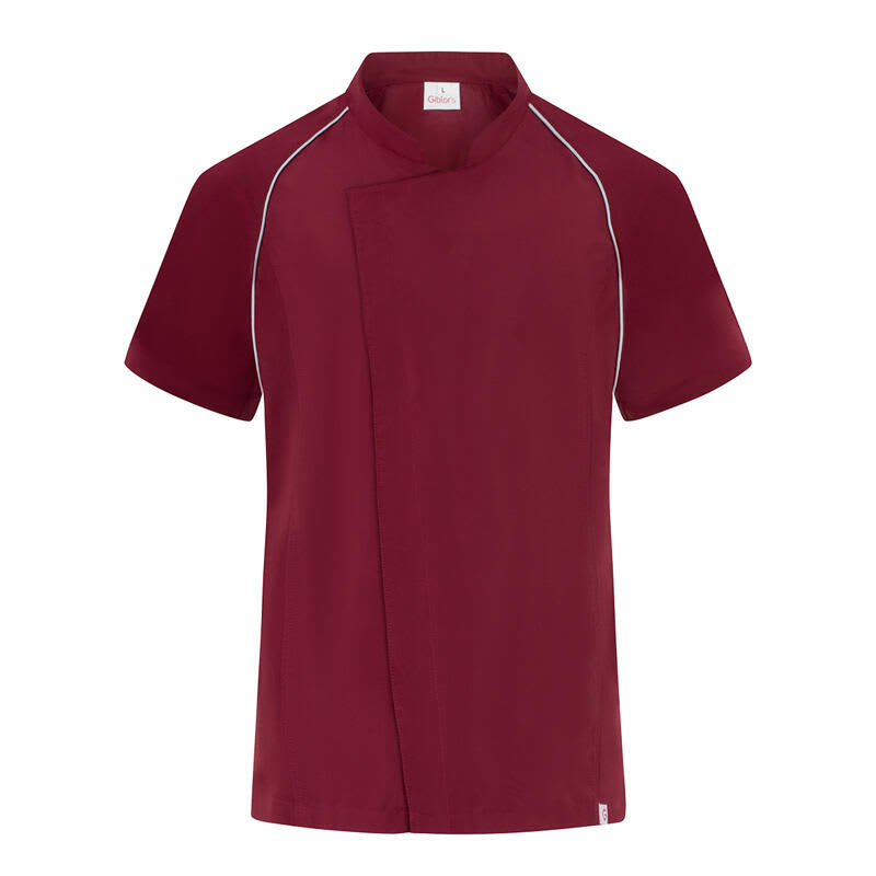 A maroon chef jacket with contrasting piping and a stylish wrap design, featuring a logo on the label. Javier Chef Jacket - Image 1