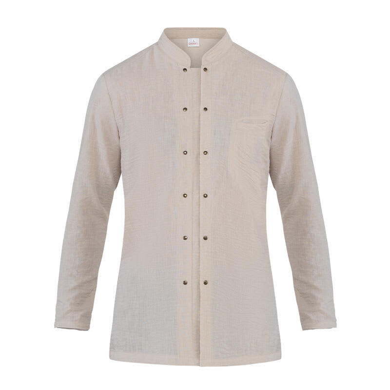 A beige jacket with a buttoned front, long sleeves, and a single chest pocket. It features a branding logo. Leonardo Jacket - Image 1