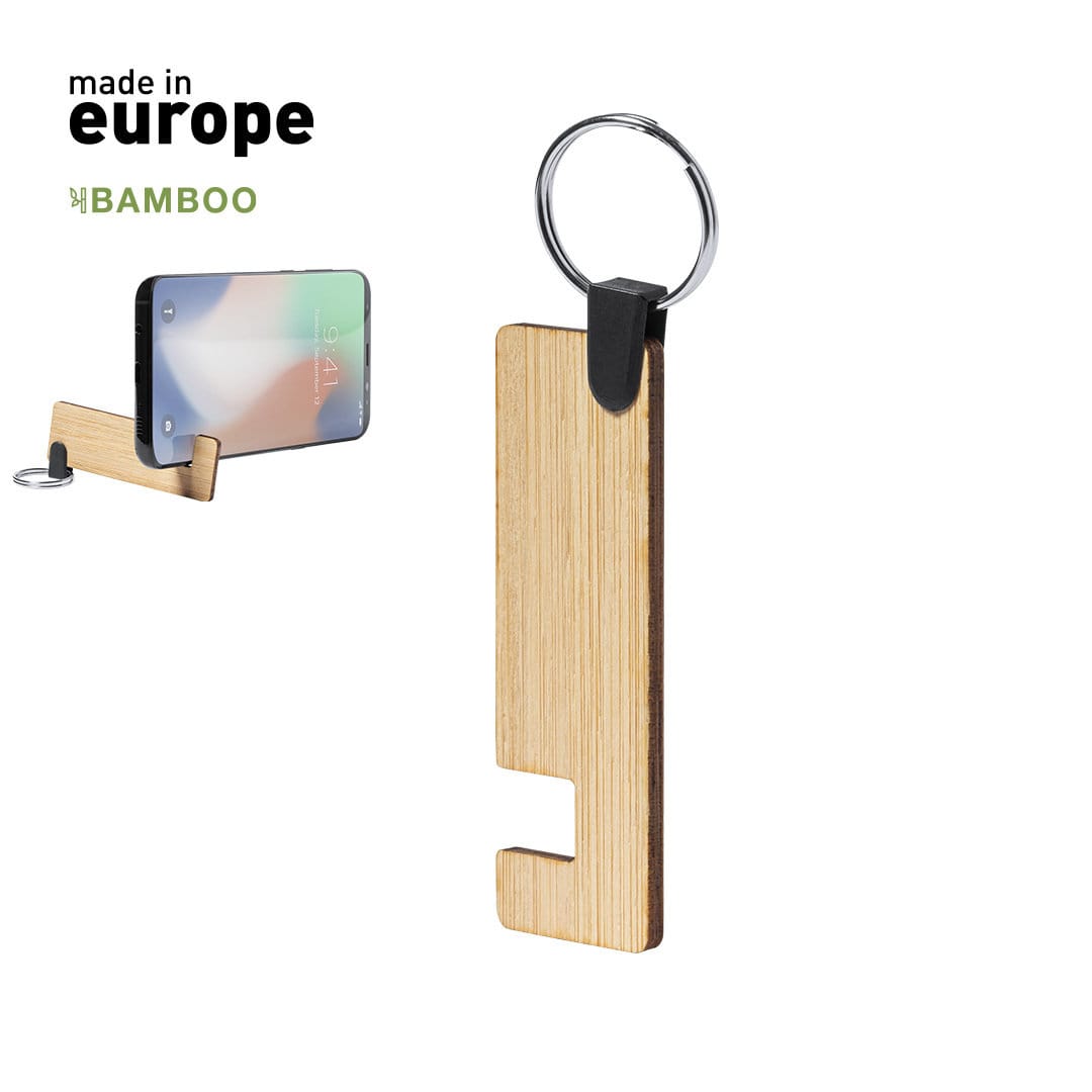 A bamboo keyring designed as a phone stand, featuring a ring and a minimalist shape. It includes a logo. Evans Holder Keyring - Image 1