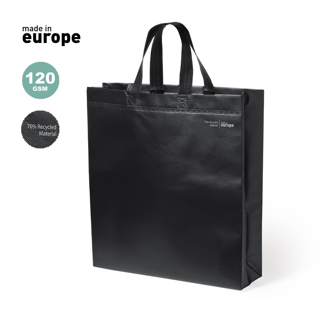 A black reusable grocery bag with sturdy handles and a logo, made from 70% recycled material. Liyen Bag - Image 1