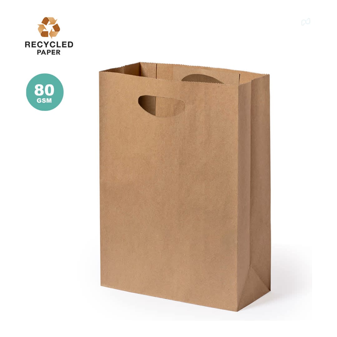 A brown recycled paper bag with handles, featuring a clean and simple design. Haspun Bag - Image 1
