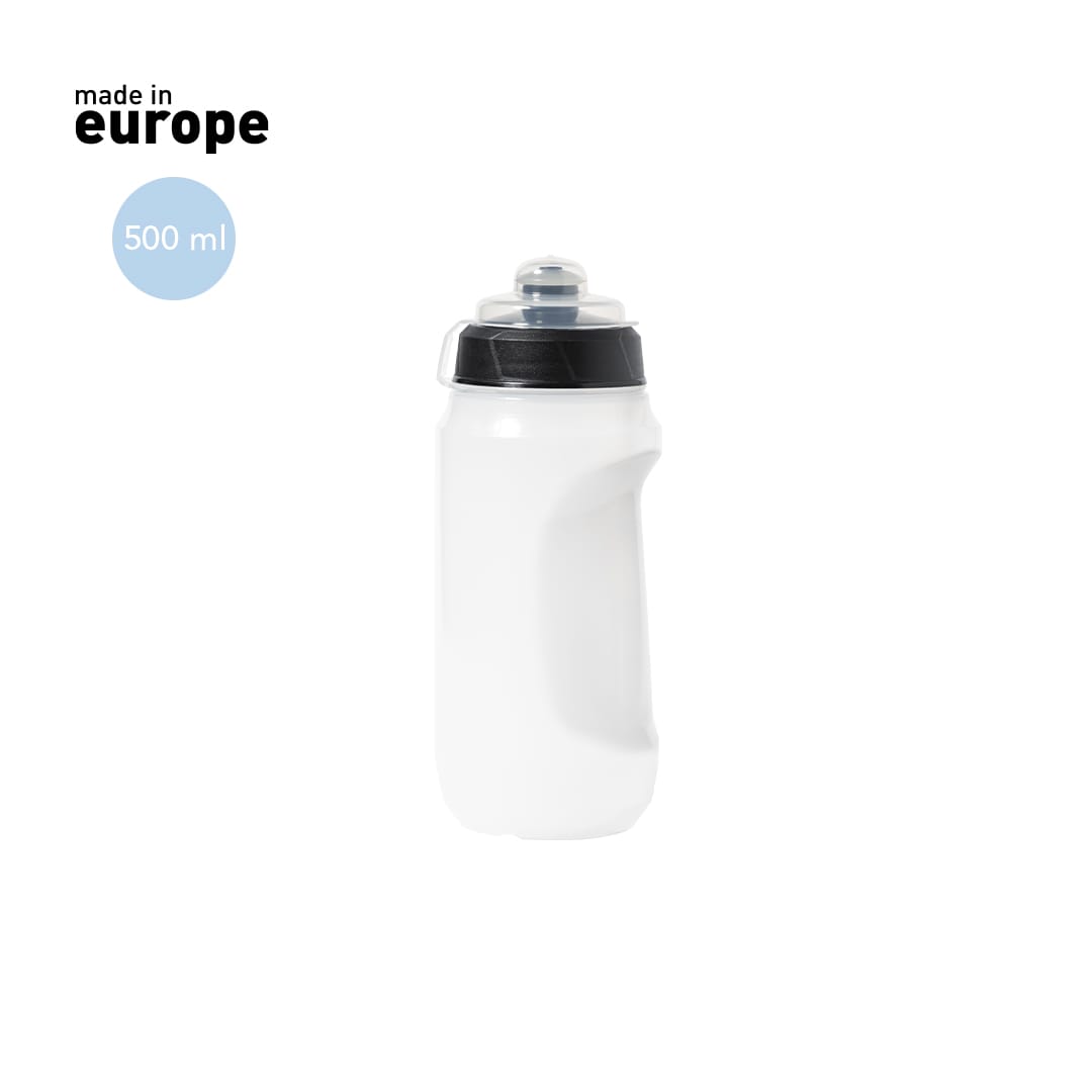 A drink bottle in white with a black lid, featuring a push-pull top and a logo. Capacity of 500 ml. Dunfor Bottle - Image 1