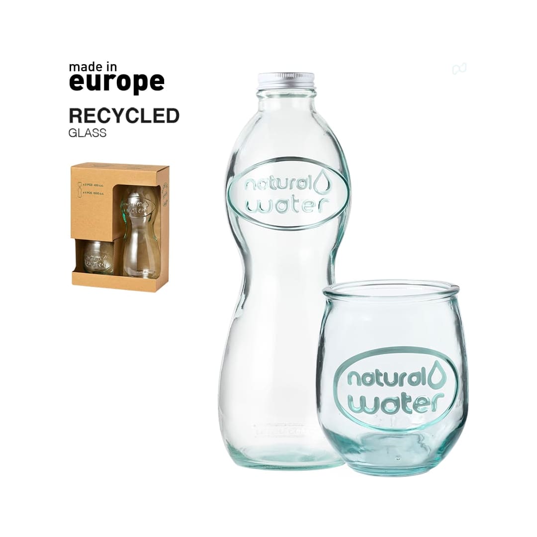 A glass drink bottle and a matching tumbler, both made of recycled glass, featuring a logo. Hasleg Set - Image 1